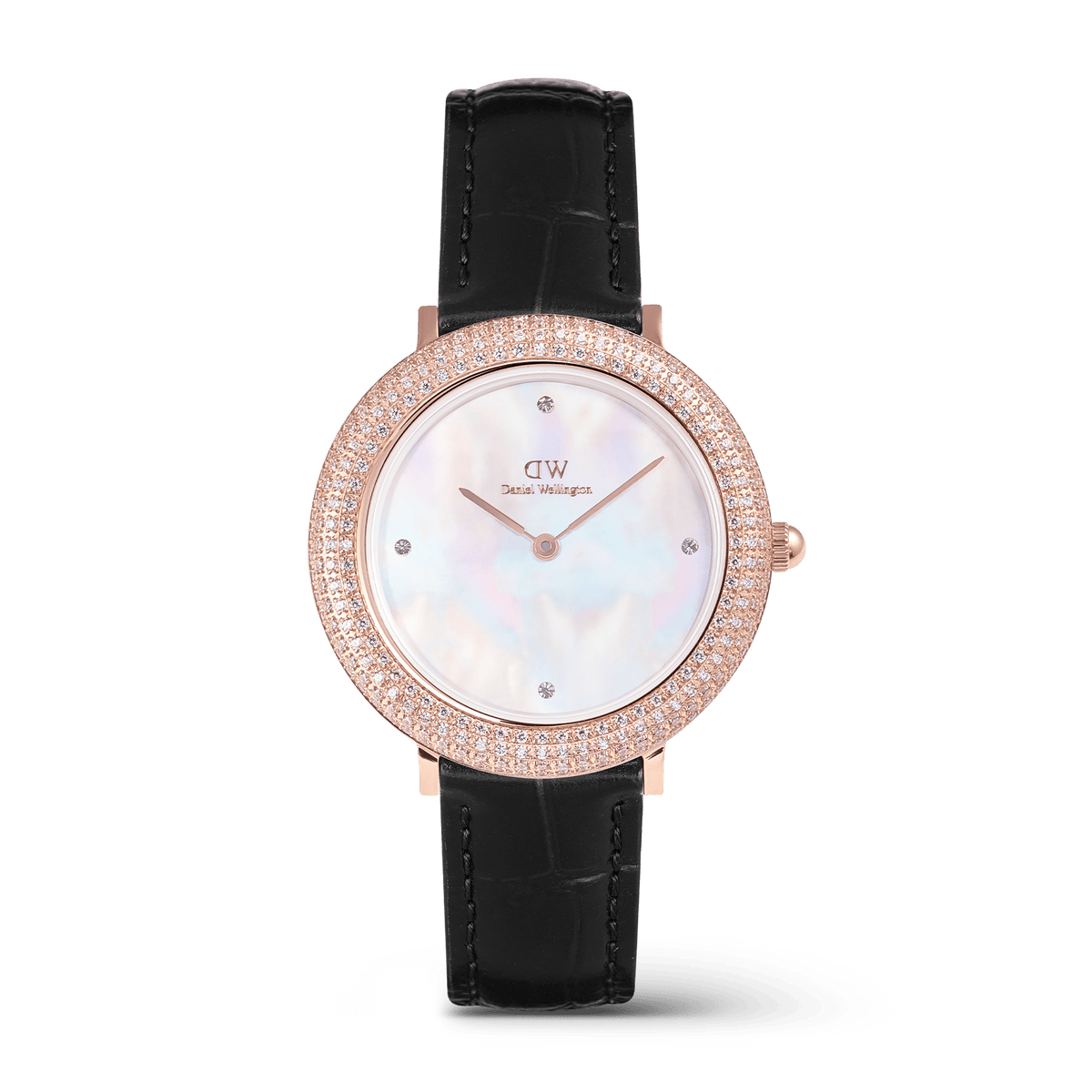 Elegant women's watch featuring a round mother of pearl dial, sparkling rose gold bezel set with cubic zirconia, and a black crocodile-embossed leather strap. The design highlights refined details and a timeless, sophisticated style.