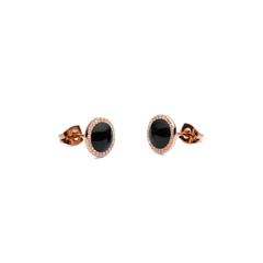 Audrey Earrings featuring round black agate stones with pavé cubic zirconia in rose gold, classic stud design.