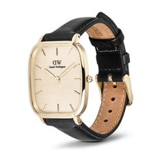 Daniel Wellington Marlon Sheffield Linen Gold watch with a gold cushion-shaped case, linen-textured dial, minimalist gold markers, and an adjustable black genuine leather strap with pin buckle.