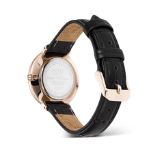 Rear view of the Crystalline Bezel Black Croc Rose Gold watch, showing the engraved stainless steel case back, rose gold hardware, and adjustable black crocodile-embossed leather strap.