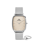 Rectangular silver Daniel Wellington watch with a textured light dial and mesh strap, paired with a polished silver mini signet ring featuring a smooth, rounded face.