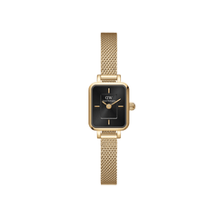 Petite gold mesh women’s watch with rectangular case and black onyx sunray dial, minimalist two-index design.