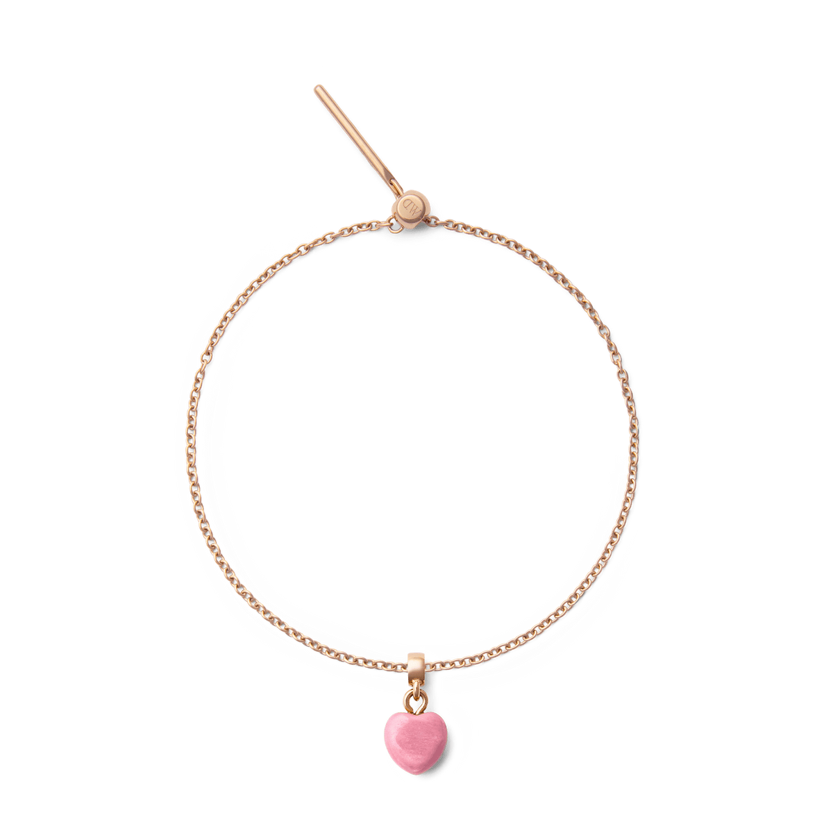 Rose gold bracelet featuring a delicate chain and a pink rhodonite heart charm, highlighting its minimalist and elegant design.