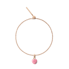 Rose gold bracelet featuring a delicate chain and a pink rhodonite heart charm, highlighting its minimalist and elegant design.