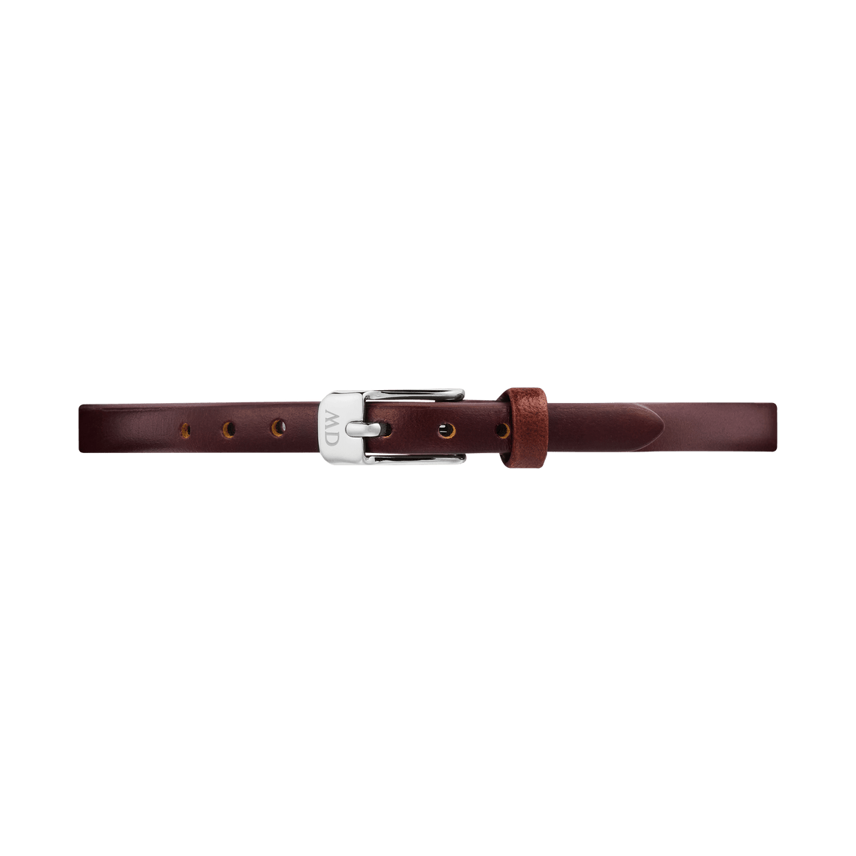 Slim brown leather Daniel Wellington watch strap with a polished silver-tone buckle, featuring a smooth finish and subtle stitching for an elegant, timeless look.