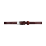 Slim brown leather Daniel Wellington watch strap with a polished silver-tone buckle, featuring a smooth finish and subtle stitching for an elegant, timeless look.