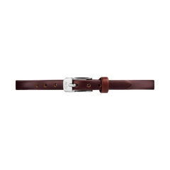 Slim brown leather Daniel Wellington watch strap with a polished silver-tone buckle, featuring a smooth finish and subtle stitching for an elegant, timeless look.