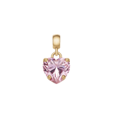 Heart-shaped charm featuring a sparkling pink cubic zirconia crystal in a gold-plated stainless steel claw setting, designed for bracelets or necklaces. The delicate rose gold finish and anti-slip silicone lining offer both elegance and secure wear.