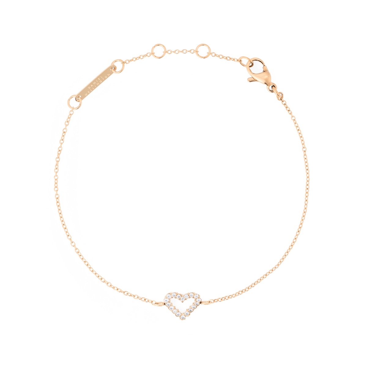 Delicate rose gold bracelet featuring an open heart charm set with white cubic zirconia crystals, crafted from slim 316L stainless steel with an adjustable chain for a tailored fit.