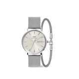 Silver Daniel Wellington watch with a mesh strap and day-date display, paired with a matching textured silver bracelet, both featuring a minimalist and elegant design.