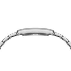 Slim side profile of Bound 9-Link Silver women’s watch with curved rectangular stainless steel case and polished bracelet.