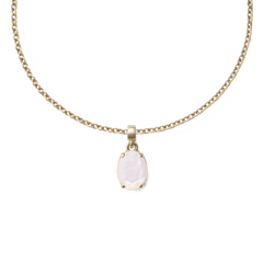 Gold chain necklace featuring an oval mother of pearl charm with a delicate gold setting, highlighting the charm’s natural iridescence and elegant design.