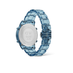 Back view of the Retro Digital Light Blue watch highlighting its stainless steel case back, transparent blue link strap, and engraved Daniel Wellington branding.