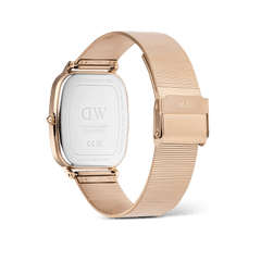 Rear view of the Daniel Wellington Marlon Wire Linen Rose Gold watch, showing the engraved stainless steel case back, rose gold wire mesh strap, and secure clasp fastening.