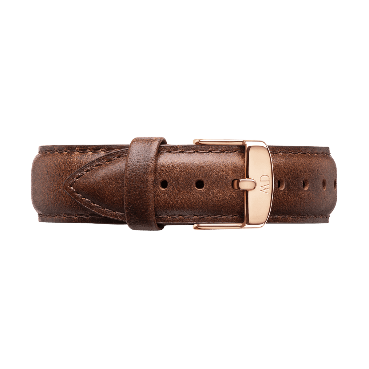 Bristol Strap Rose Gold featuring smooth dark brown leather, detailed stitching, and a polished rose gold buckle engraved with the Daniel Wellington logo, ideal for updating or replacing your watch strap.