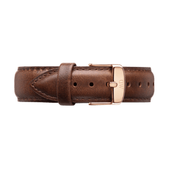 Bristol Strap Rose Gold featuring smooth dark brown leather, detailed stitching, and a polished rose gold buckle engraved with the Daniel Wellington logo, ideal for updating or replacing your watch strap.