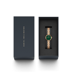Elan Lumine Malachite Rose Gold watch with a green malachite dial and rose gold bracelet, presented in an elegant Daniel Wellington gift box.
