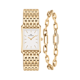 Rectangular gold link watch with a white dial and matching gold link strap, paired with a gold chain bracelet featuring a crystal-embellished link for added elegance.