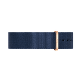 Deep midnight blue polyester NATO watch strap with a sleek rose gold buckle and keeper, designed for Daniel Wellington watches.