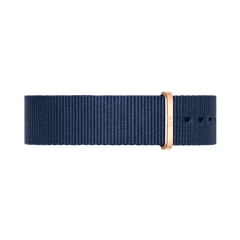 Deep midnight blue polyester NATO watch strap with a sleek rose gold buckle and keeper, designed for Daniel Wellington watches.