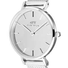 Close-up of Petite Reflection Silver women’s watch with mirror glass dial, minimalist markers, and polished stainless steel case.