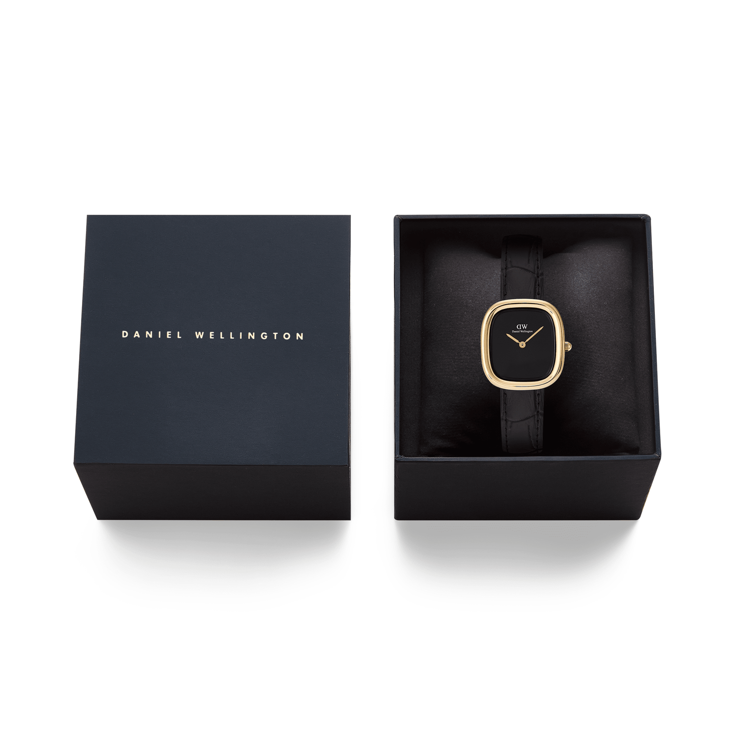 Margot Reading Onyx Ceramic Gold watch with a gold rounded square case and black Croco leather strap, elegantly presented in a navy Daniel Wellington gift box.