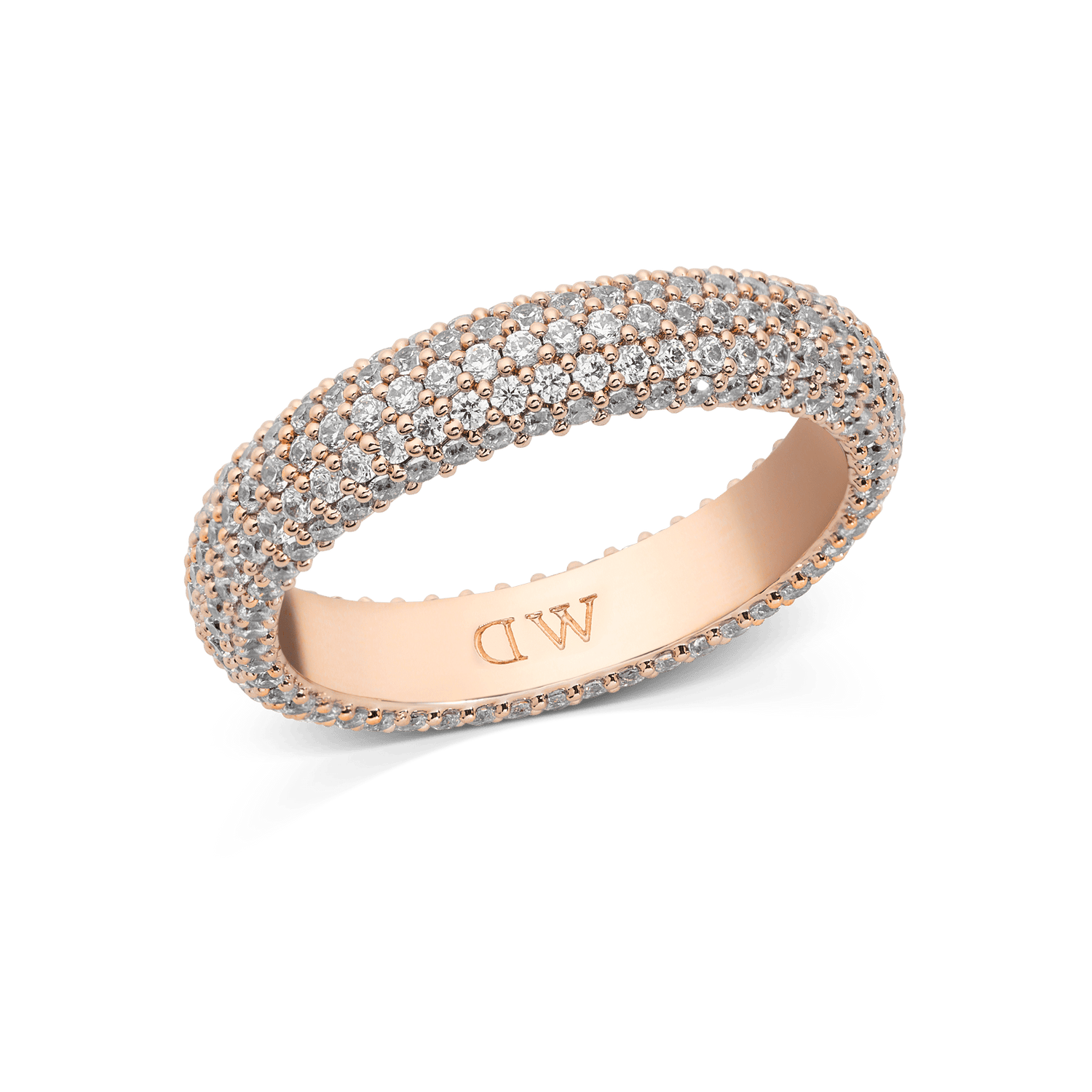 Rose gold pavé ring with a 5 mm band, featuring three rows of closely set white cubic zirconia crystals and subtle DW branding on the inside. The elegant design offers a continuous shimmer, perfect for stacking or wearing alone.