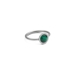 Audrey Ring Malachite Silver featuring a round green malachite stone with cubic zirconia halo on a slim silver band.