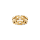 Polished gold ring featuring a distinctive three-link design with subtle gaps, crafted from stainless steel and finished with PVD gold plating.