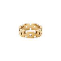 Polished gold ring featuring a distinctive three-link design with subtle gaps, crafted from stainless steel and finished with PVD gold plating.