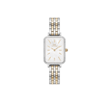 Rectangular two-tone women’s watch with mother of pearl dial, crystal bezel, and gold and silver 5-link bracelet.