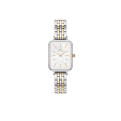 Rectangular two-tone women’s watch with mother of pearl dial, crystal bezel, and gold and silver 5-link bracelet.