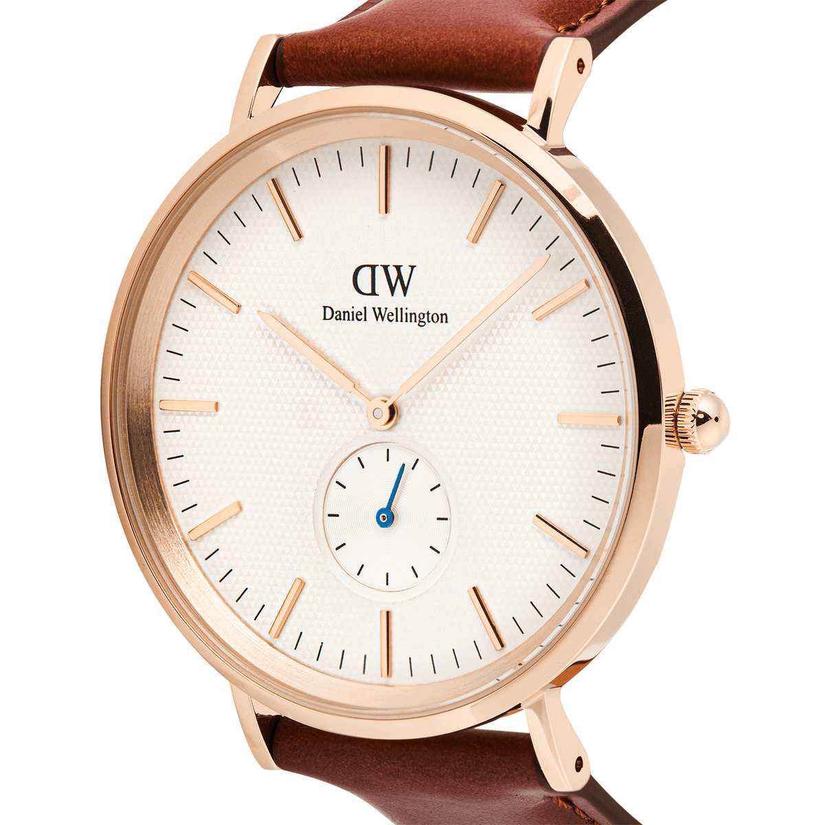 Close-up of the Classic Multi-Eye St Mawes Off-white Sunray Rose Gold watch, highlighting its rose gold case, textured off-white dial, minimalist hour markers, and blue-tinted sub-second hand.