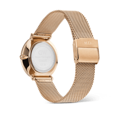 Back view of the Crystalline Bezel Melrose watch, showing the engraved stainless steel case and adjustable rose gold mesh strap with a secure clasp.