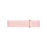 Light pink NATO watch strap made from recycled polyester, featuring a soft woven texture and an elegant rose gold buckle for a refined, contemporary look.