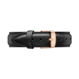 Genuine black Italian leather watch strap with fine stitching and a rose gold buckle engraved with the Daniel Wellington logo, offering a refined and timeless upgrade for your timepiece.