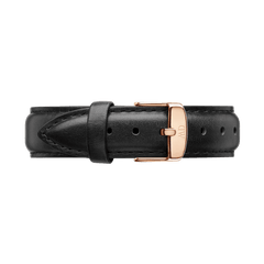 Genuine black Italian leather watch strap with fine stitching and a rose gold buckle engraved with the Daniel Wellington logo, offering a refined and timeless upgrade for your timepiece.