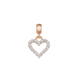 Rose gold open heart charm featuring a delicate contour set with sparkling white crystals, designed for bracelets or necklaces to add a touch of refined elegance.
