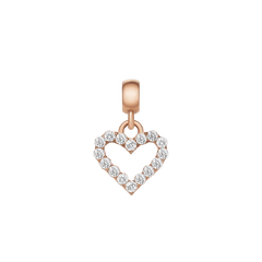 Rose gold open heart charm featuring a delicate contour set with sparkling white crystals, designed for bracelets or necklaces to add a touch of refined elegance.