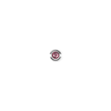 Petite sterling silver charm featuring a round, faceted amethyst-coloured crystal set in a minimalist polished design.