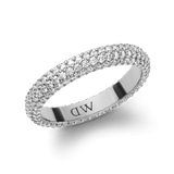 Silver pavé ring featuring multiple rows of closely set cubic zirconia crystals in a claw setting, with a polished finish and subtle “DW” engraving inside the band.