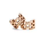 Pair of rose gold 5-link earrings featuring a geometric openwork design inspired by watch straps, crafted from polished stainless steel.