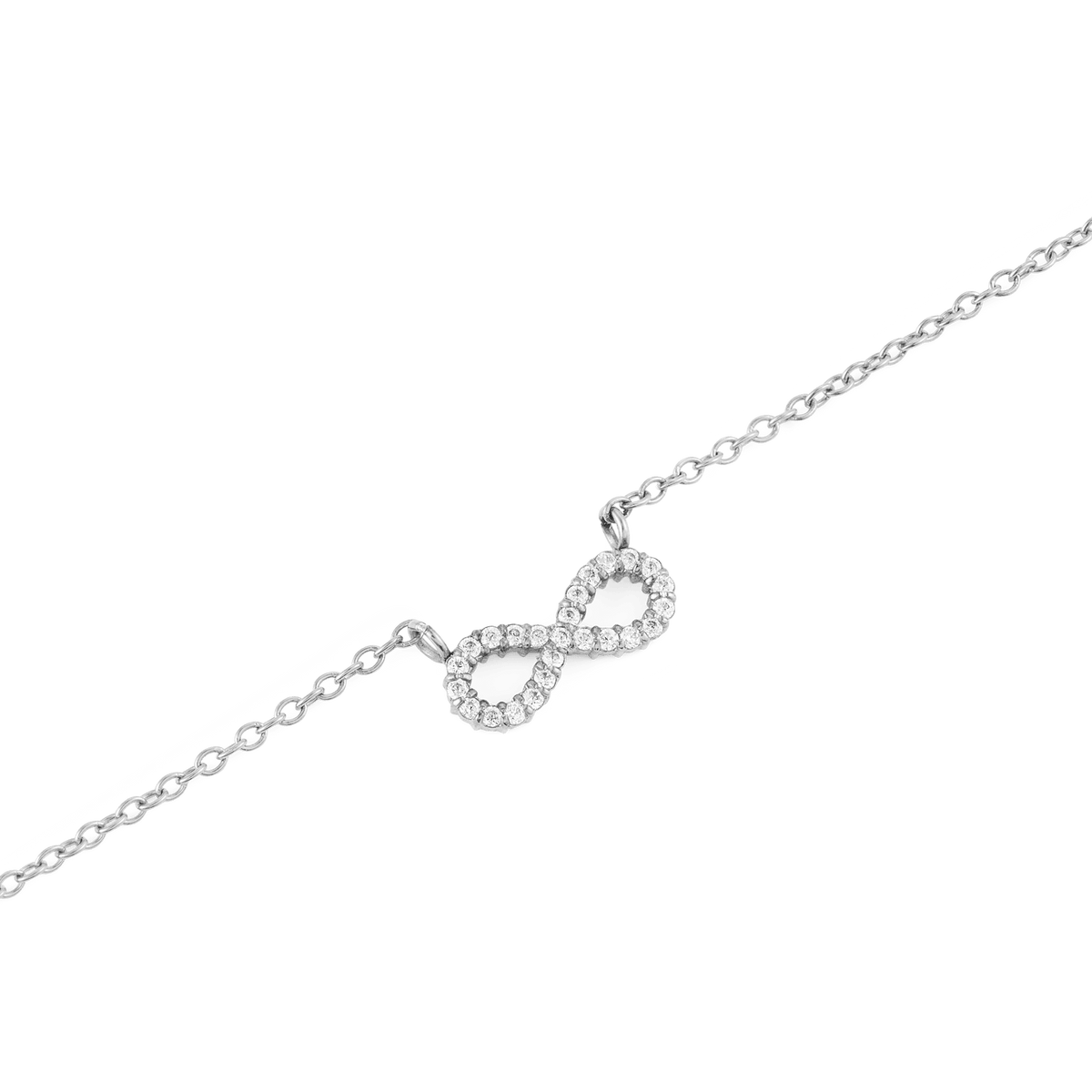 Close-up of the Mirelle Infinity Necklace Silver, showcasing a polished infinity symbol pendant adorned with sparkling white cubic zirconia crystals on a fine silver chain.