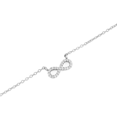 Close-up of the Mirelle Infinity Necklace Silver, showcasing a polished infinity symbol pendant adorned with sparkling white cubic zirconia crystals on a fine silver chain.
