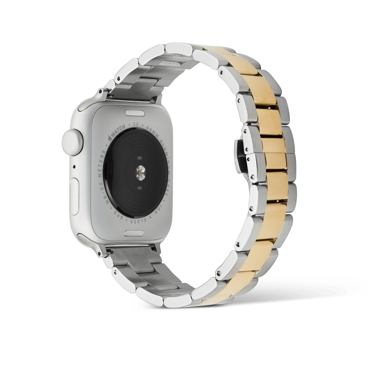 Rear view of an Apple Watch paired with the Daniel Wellington Smartwatch Iconic Link two-tone strap, highlighting the brushed stainless steel outer links and polished gold centre links with a secure butterfly clasp.