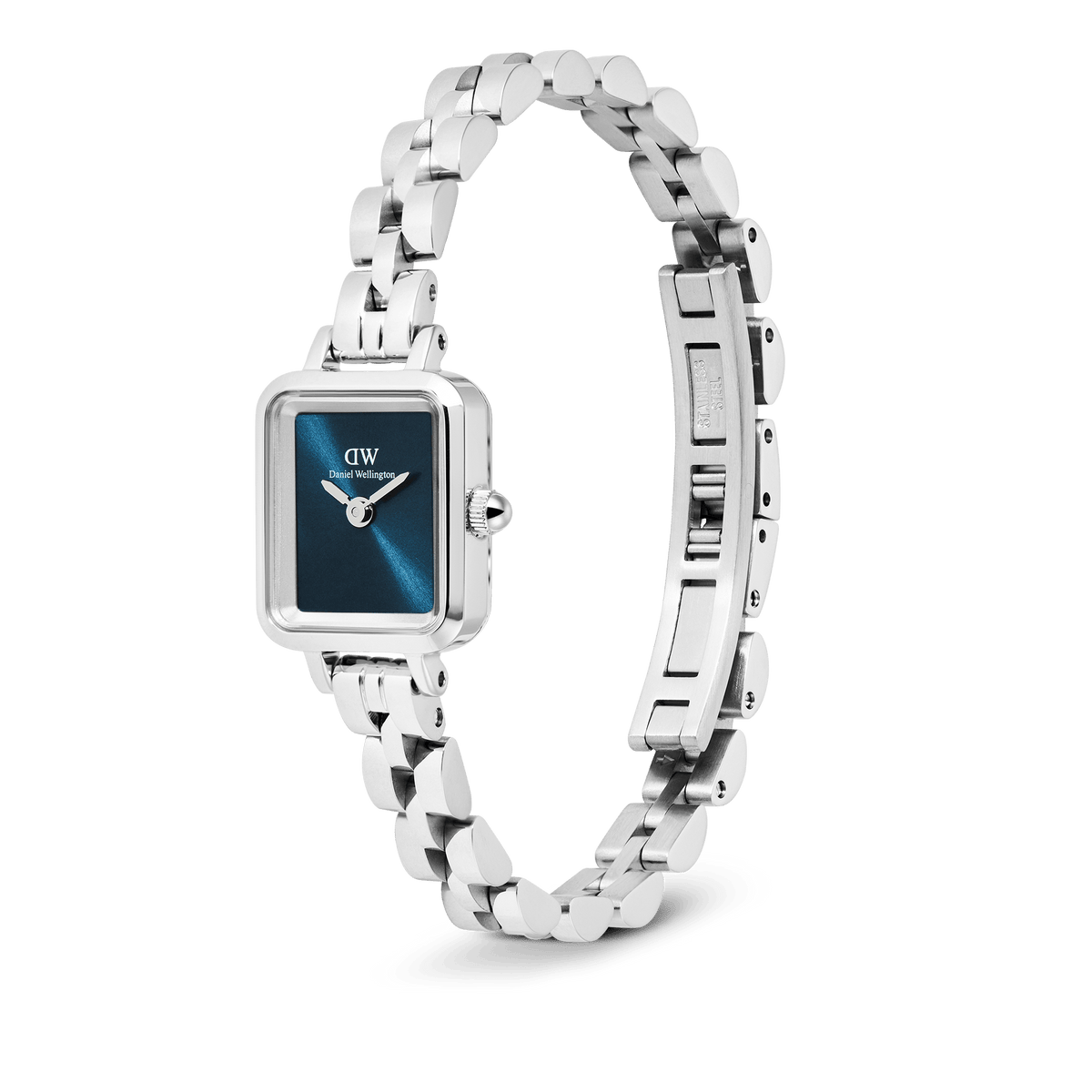 Quadro Mini Arch 3-link Arctic Sunray Silver women’s watch with a rectangular stainless steel case, deep blue sunray dial, and an open three-link bracelet featuring a button-less butterfly clasp.