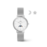 Silver mesh strap ladies’ watch with a white dial featuring a moon phase detail, paired with matching silver moon and star-shaped earrings, creating an elegant celestial jewellery set.