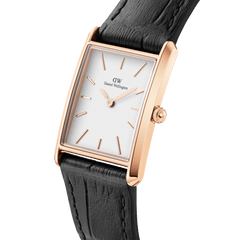 Bound Black Crocodile Rose Gold watch featuring a rectangular rose gold case, minimalist white dial, and black crocodile-embossed leather strap.