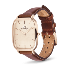Daniel Wellington Marlon St Mawes Linen Rose Gold watch with cushion case, linen dial, and brown genuine leather strap.