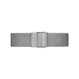 Stainless steel mesh watch strap in polished silver with a secure fold-over clasp, featuring a refined woven texture and adjustable fit.